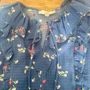LOFT Navy Floral Ruffle Blouse